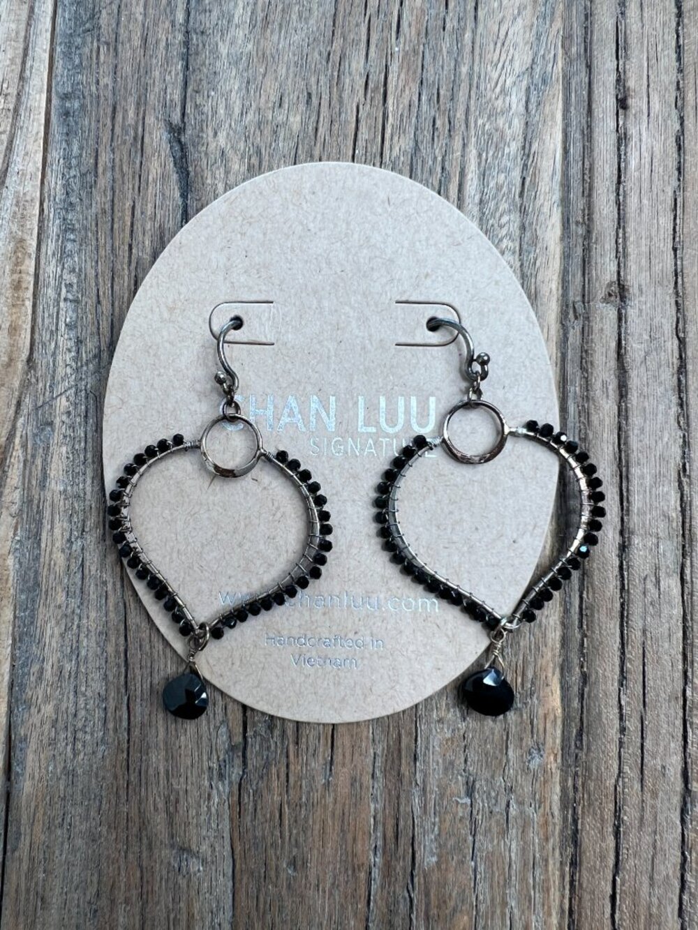 Chan Luu Signature Black Beaded Wire Wrapped Open Heart Drop Earrings NWT